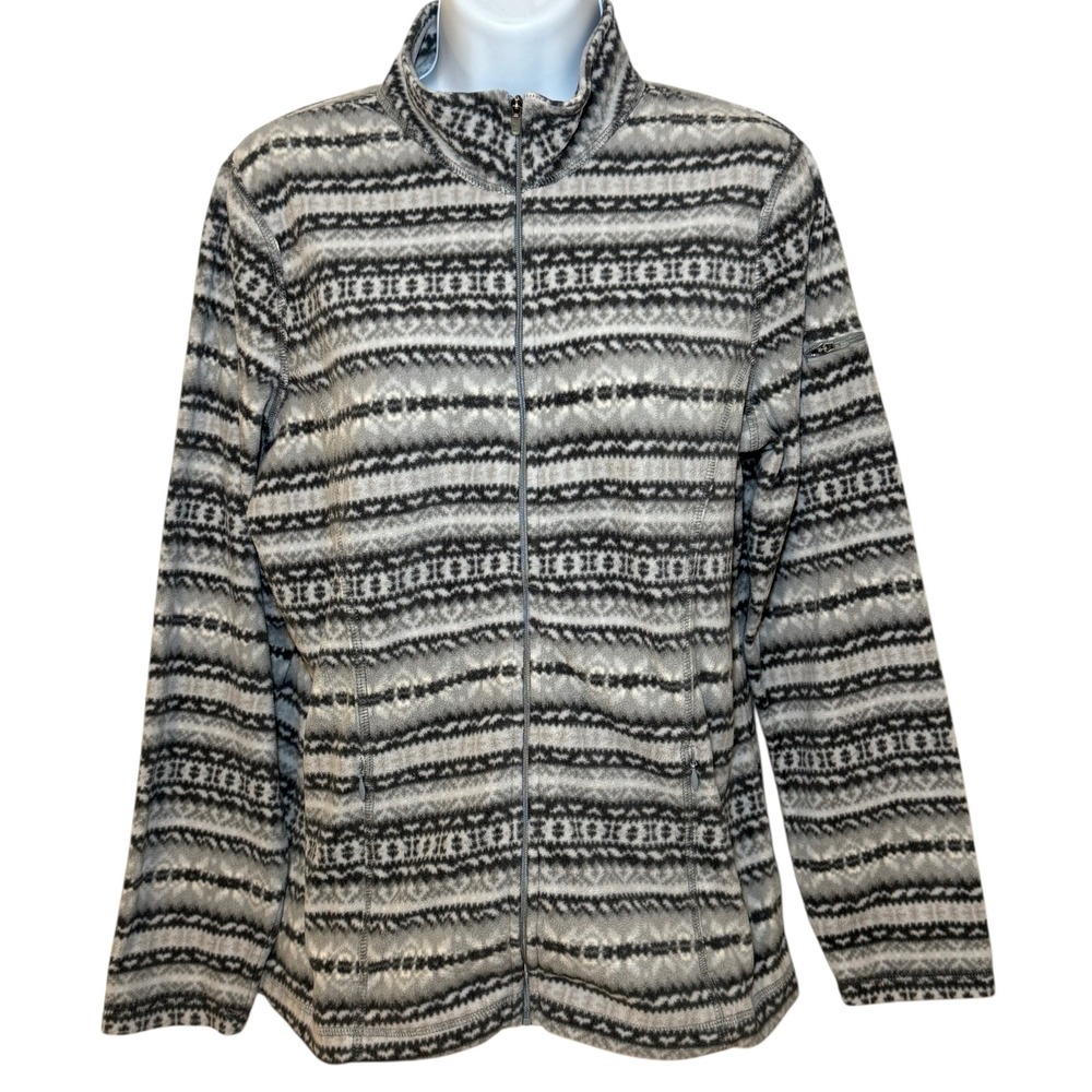 LL Bean Womens M Sweater Fleece Full Zip Jacket Gray White Geo Patterned Outdoor